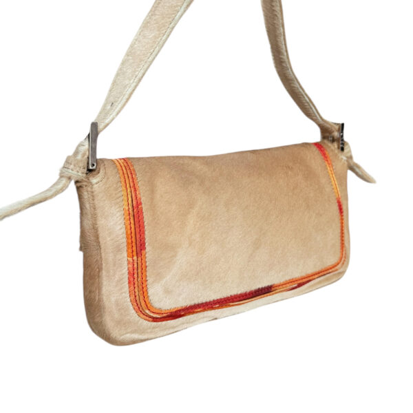 Fendi Calfskin Multicolour Trim Shoulder Baguette Bag in Beige / Orange - Red / Silver - Image 4
