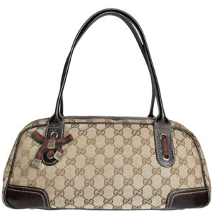 Vintage Gucci Monogram Bow Canvas Shoulder Bag in Beige / Brown / Gold | NITRYL