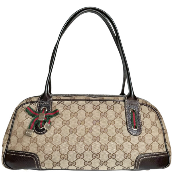 Vintage Gucci Monogram Bow Canvas Shoulder Bag in Beige / Brown / Gold | NITRYL