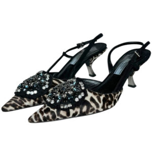 Vintage Prada Leopard Print Calfskin Diamante Slingback Heels in Black / Brown / Blue UK 3 | NITRYL
