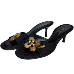 Vintage Chanel Flower Logo Linen Heels in Navy / Brown / Gold UK 3 | NITRYL