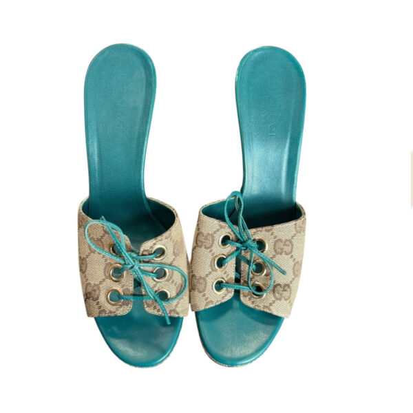 Gucci Monogram Bow Wedge Heels in Beige / Blue UK 4 - Image 4