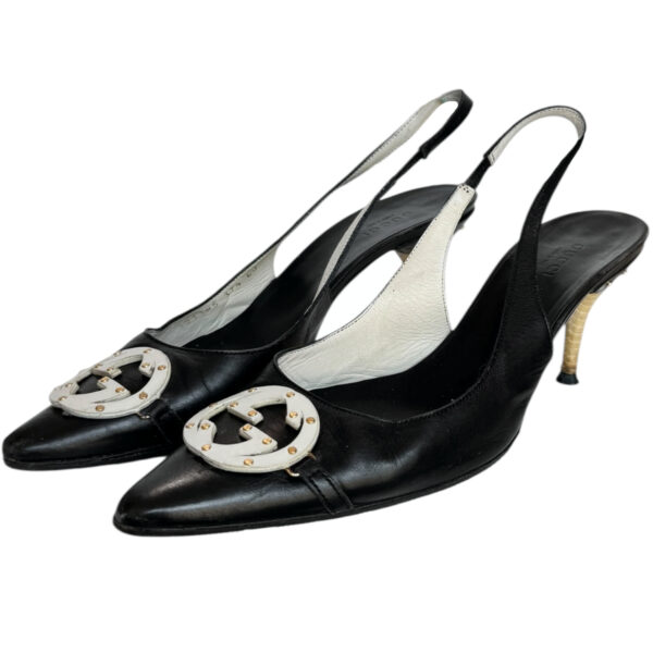 Vintage Gucci GG Logo Slingback Heels in Black / Cream / Gold UK 4.5 | NITRYL