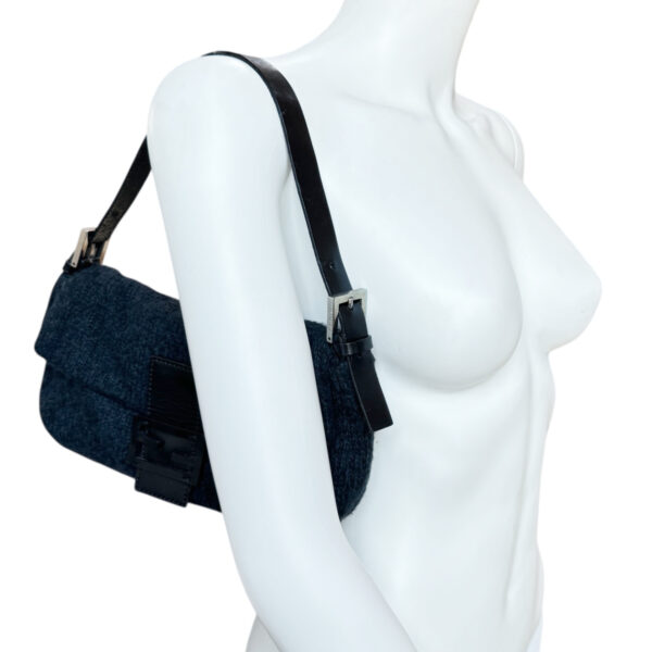 Fendi Wool Cashmere Shoulder Baguette Bag in Navy / Black / Silver - Image 9