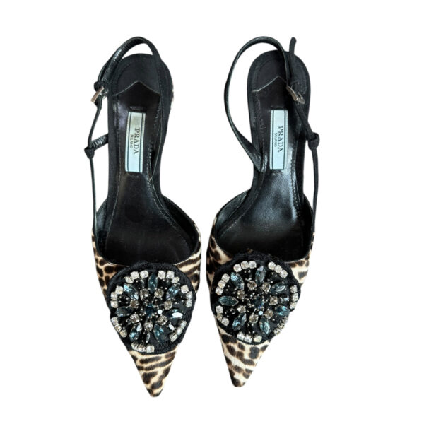 Prada Leopard Print Calfskin Diamante Slingback Heels in Black / Brown / Blue UK 3 - Image 4