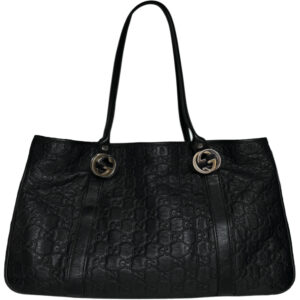 Vintage Gucci Monogram Leather Logo Shoulder Bag in Black / Silver / Gold | NITRYL