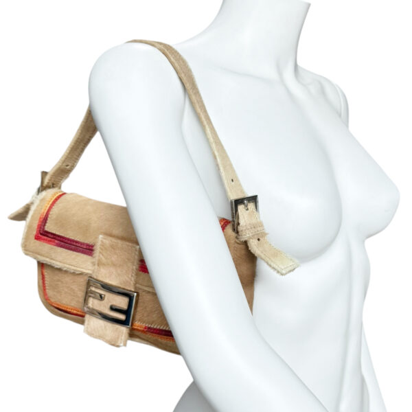 Fendi Calfskin Multicolour Trim Shoulder Baguette Bag in Beige / Orange - Red / Silver - Image 10