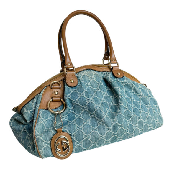 Gucci Monogram Denim 2 - Way Hobo Shoulder Bag in Blue / Tan / Gold - Image 2