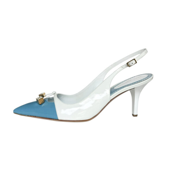 Louis Vuitton Logo Patent Slingback Heels in Blue / White / Gold UK 5.5 - Image 2