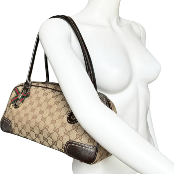 Gucci Monogram Bow Canvas Shoulder Bag in Beige / Brown / Gold - Image 9