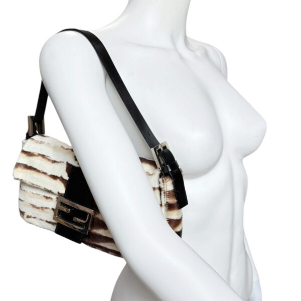 Fendi Striped Calfskin Shoulder Baguette Bag in White - Cream / Brown / Black - Image 10