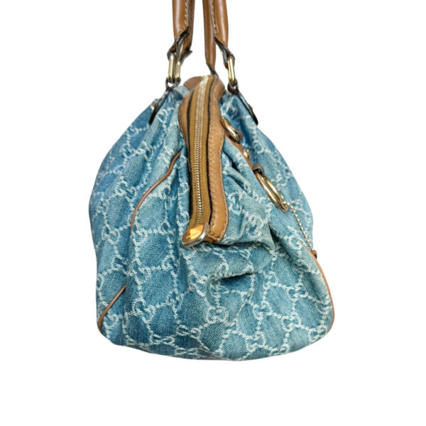 Gucci Monogram Denim 2 - Way Hobo Shoulder Bag in Blue / Tan / Gold - Image 3