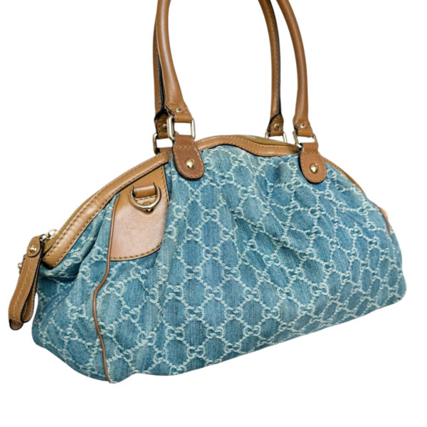 Gucci Monogram Denim 2 - Way Hobo Shoulder Bag in Blue / Tan / Gold - Image 4
