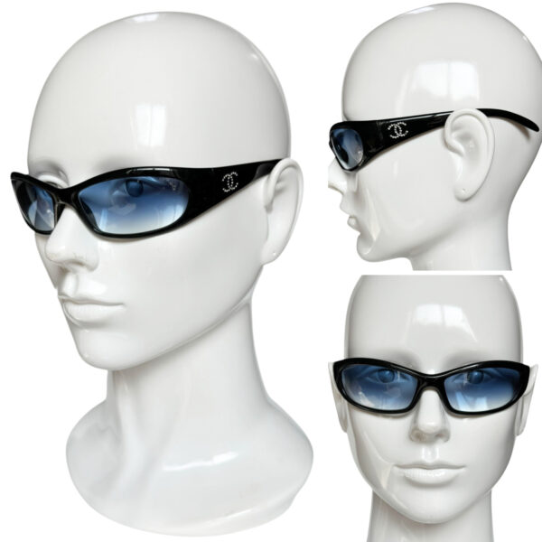 Chanel Diamante Logo Wraparound Sunglasses in Black / Blue - Image 4