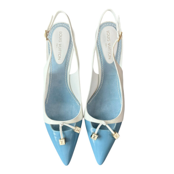 Louis Vuitton Logo Patent Slingback Heels in Blue / White / Gold UK 5.5 - Image 4