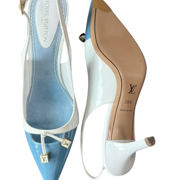 Louis Vuitton Logo Patent Slingback Heels in Blue / White / Gold UK 5.5 - Image 5