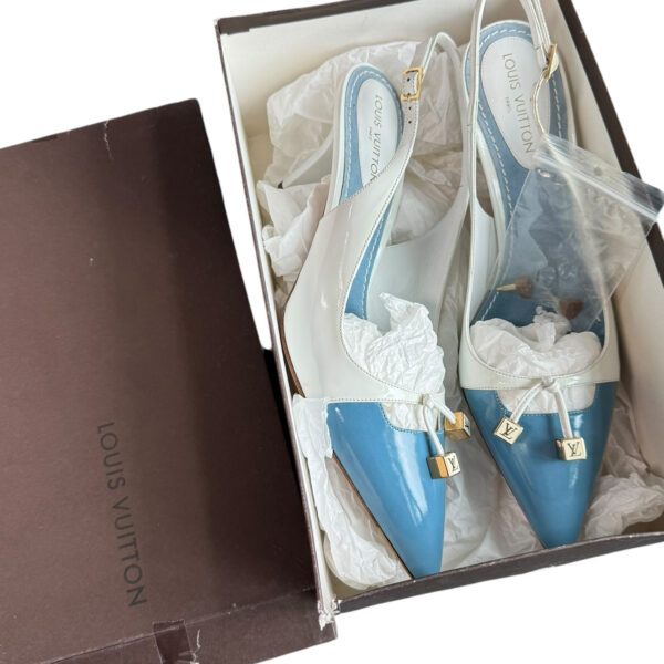 Louis Vuitton Logo Patent Slingback Heels in Blue / White / Gold UK 5.5 - Image 7
