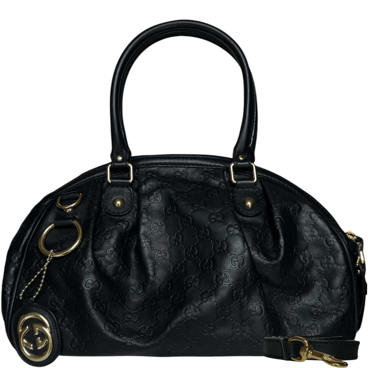 Vintage Gucci Monogram Leather Sukey 2-Way Hobo Shoulder Bag in Black / Gold | NITRYL