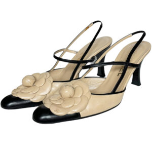 Vintage Chanel Camellia Logo Slingback Heels in Beige / Black UK 4 | NITRYL