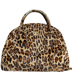 Vintage Prada Leopard Print Calfskin 2 - Way Large Shoulder Bag in Beige / Brown / Gold | NITRYL