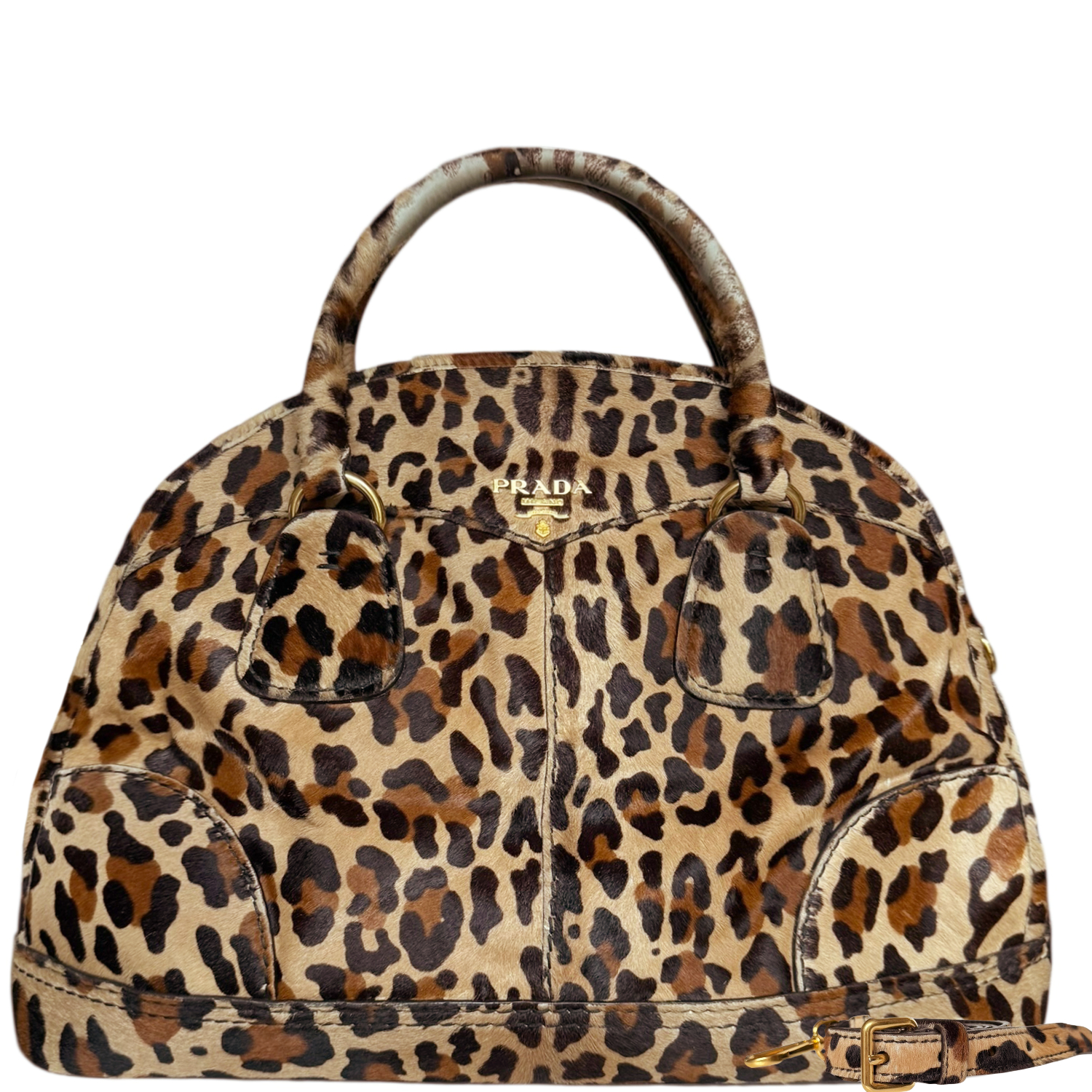 Vintage Prada Leopard Print Calfskin 2 - Way Large Shoulder Bag in Beige / Brown / Gold | NITRYL