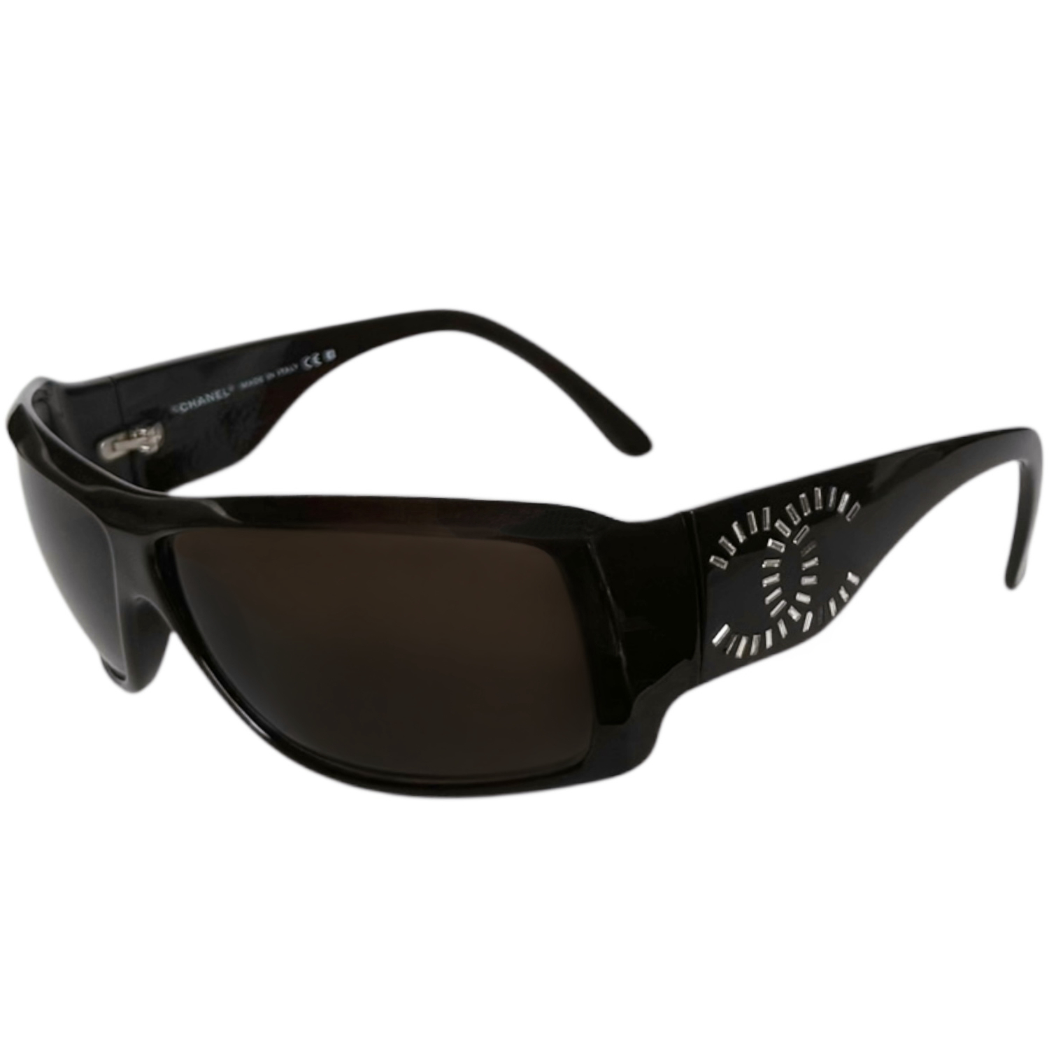 Vintage Chanel Diamante Logo Wraparound Sunglasses in Dark Brown / Silver | NITRYL