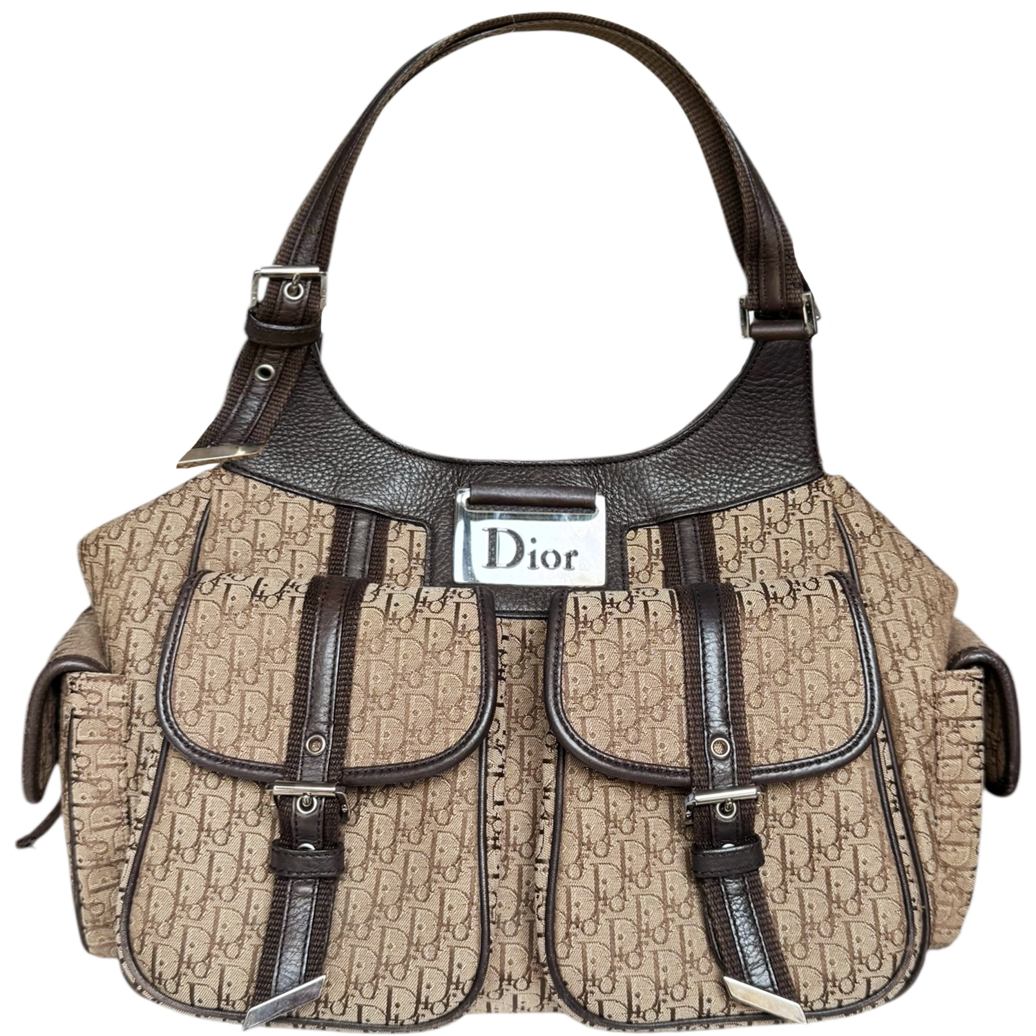 Vintage Dior Monogram Pocket Hobo Columbus Shoulder Bag in Beige / Brown / Silver | NITRYL