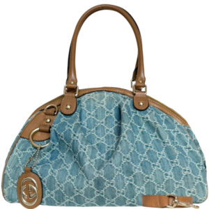 Vintage Gucci Monogram Denim 2 - Way Hobo Shoulder Bag in Blue / Tan / Gold | NITRYL