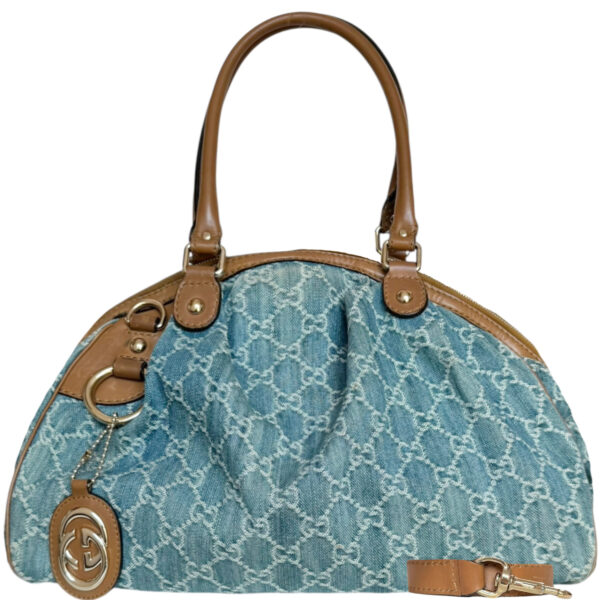Vintage Gucci Monogram Denim 2 - Way Hobo Shoulder Bag in Blue / Tan / Gold | NITRYL