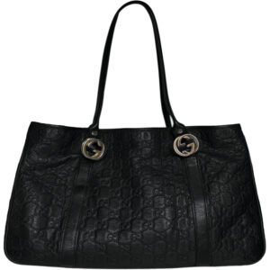 Vintage Gucci Monogram Leather Logo Shoulder Bag in Black / Silver / Gold | NITRYL