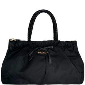 Vintage Prada Bow Logo Nylon Shoulder Bag in Black / Gold | NITRYL