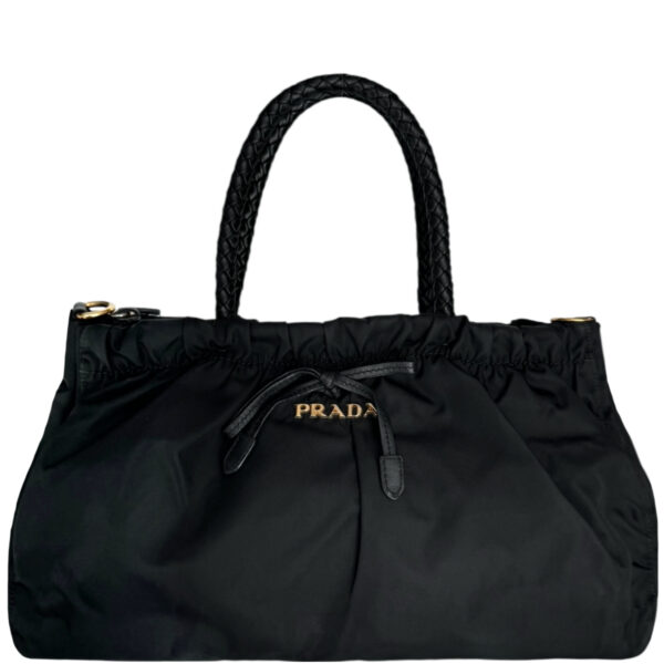 Vintage Prada Bow Logo Nylon Shoulder Bag in Black / Gold | NITRYL
