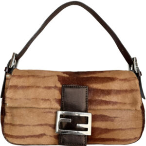 Vintage Fendi Striped Calfskin Shoulder Baguette Bag in Tan / Brown / Silver | NITRYL