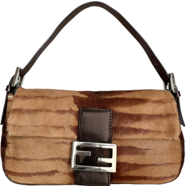 Vintage Fendi Striped Calfskin Shoulder Baguette Bag in Tan / Brown / Silver | NITRYL