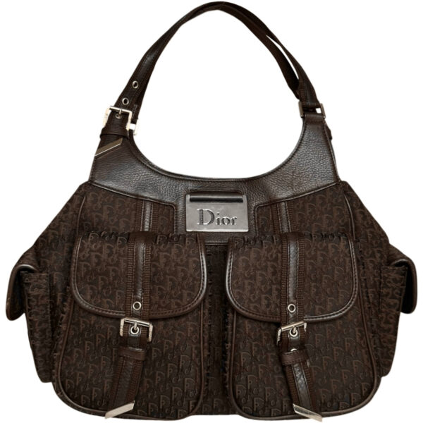 Vintage Dior Monogram Pocket Hobo Columbus Shoulder Bag in Dark Brown / Silver | NITRYL