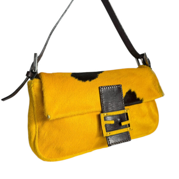 Fendi Cow Print Calfskin Shoulder Baguette Bag in Mustard Yellow / Brown / Silver - Image 2