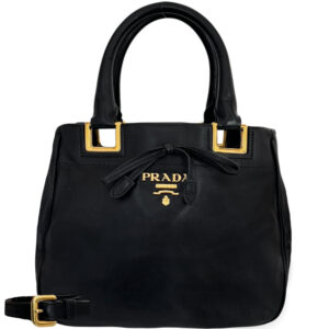 Vintage Prada Bow Logo Leather 2-Way Bag in Black / Gold | NITRYL