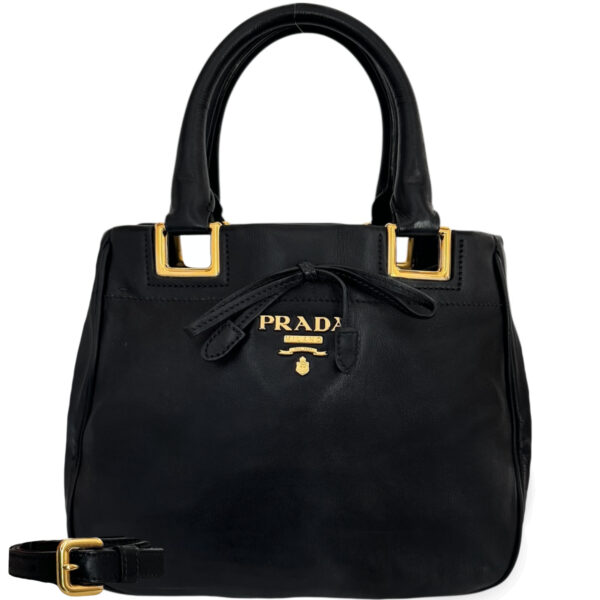 Vintage Prada Bow Logo Leather 2-Way Bag in Black / Gold | NITRYL