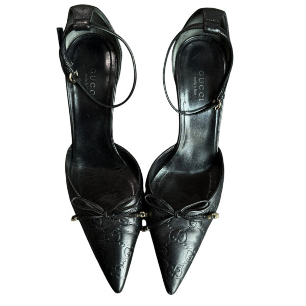 Gucci Monogram Bow Leather Heels in Black / Gold UK 3.5 - Image 3