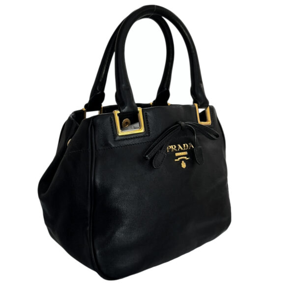 Prada Bow Logo Leather 2-Way Bag in Black / Gold - Image 2