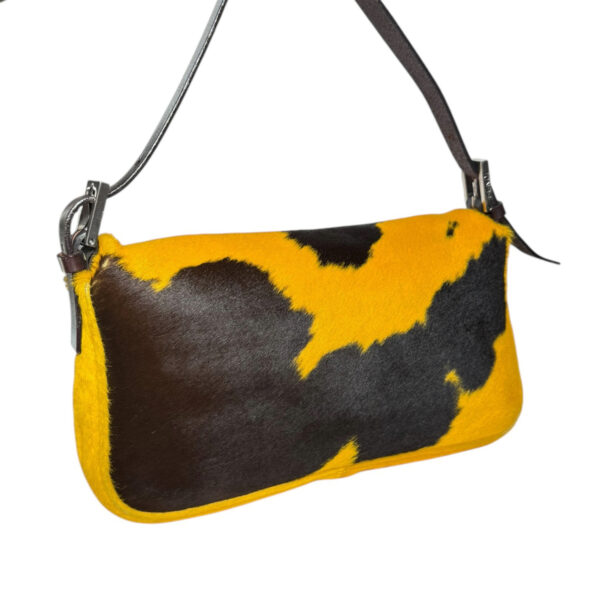 Fendi Cow Print Calfskin Shoulder Baguette Bag in Mustard Yellow / Brown / Silver - Image 4