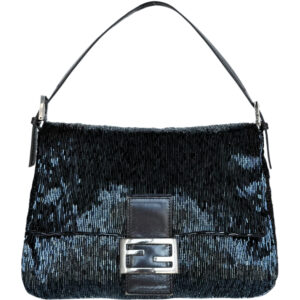 Vintage Fendi Beaded Mamma Shoulder Baguette Bag in Metallic Navy / Grey / Silver | NITRYL