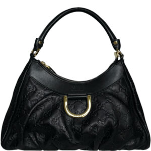 Vintage Gucci Monogram Leather D Ring Hobo Shoulder Bag in Black / Gold | NITRYL