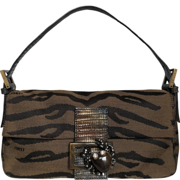 Vintage Fendi Zebra Print Decorative Clasp Exotic Detailing Shoulder Baguette Bag in Brown / Iridescent Blue / Gold | NITRYL