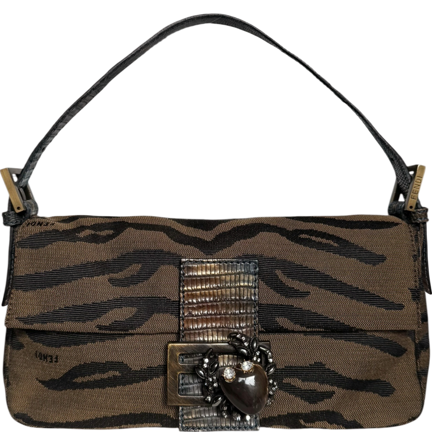 Vintage Fendi Zebra Print Decorative Clasp Exotic Detailing Shoulder Baguette Bag in Brown / Iridescent Blue / Gold | NITRYL