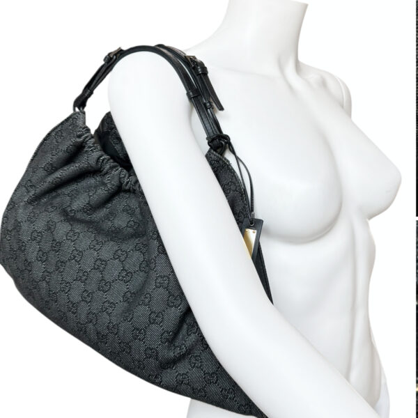 Gucci Monogram Ruched Shoulder Bag in Dark Grey / Black / Gold - Image 8