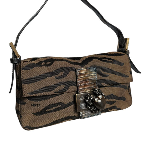 Fendi Zebra Print Decorative Clasp Exotic Detailing Shoulder Baguette Bag in Brown / Iridescent Blue / Gold - Image 2