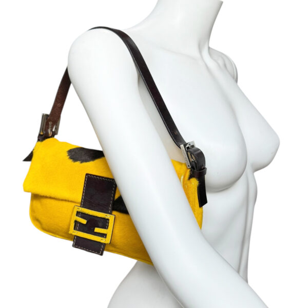 Fendi Cow Print Calfskin Shoulder Baguette Bag in Mustard Yellow / Brown / Silver - Image 11