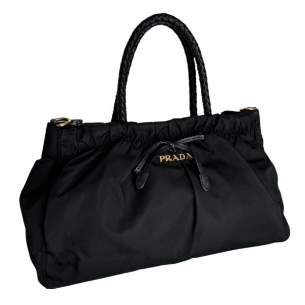 Prada Bow Logo Nylon Shoulder Bag in Black / Gold - Image 2