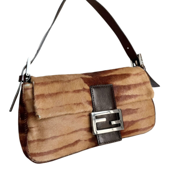 Fendi Striped Calfskin Shoulder Baguette Bag in Tan / Brown / Silver - Image 2